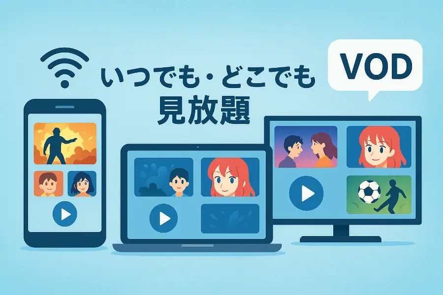 動画配信サービス(VOD)の仕組みを説明する図。スマホ・PC・テレビで動画を再生するイメージ。