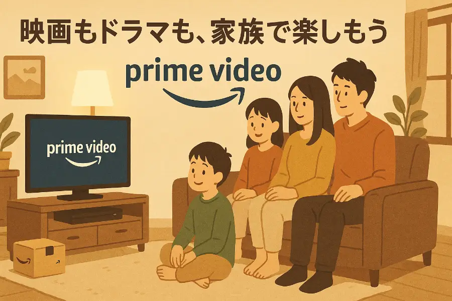 家族がリビングで映画を観ているAmazonプライム・ビデオのイメージイラスト。温かい雰囲気の室内。