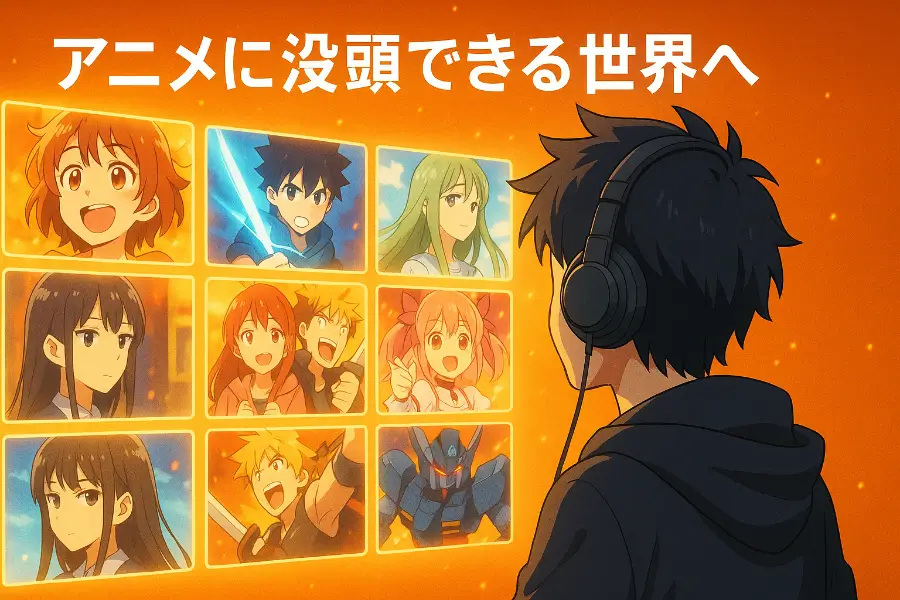 オレンジ背景にアニメポスターが並ぶ、dアニメストアをイメージしたデジタルイラスト。